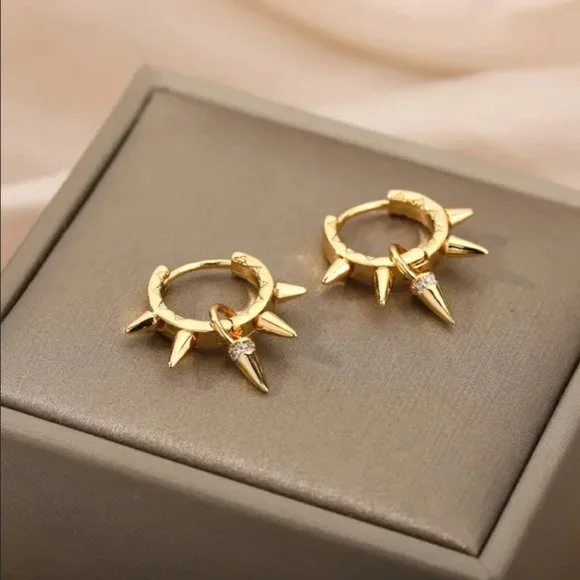 14K Gold Spiked Womens Small Hoop 1ct Diamond Earrings Punk Goth Rock Jewelry 14 - Picture 5 of 7
